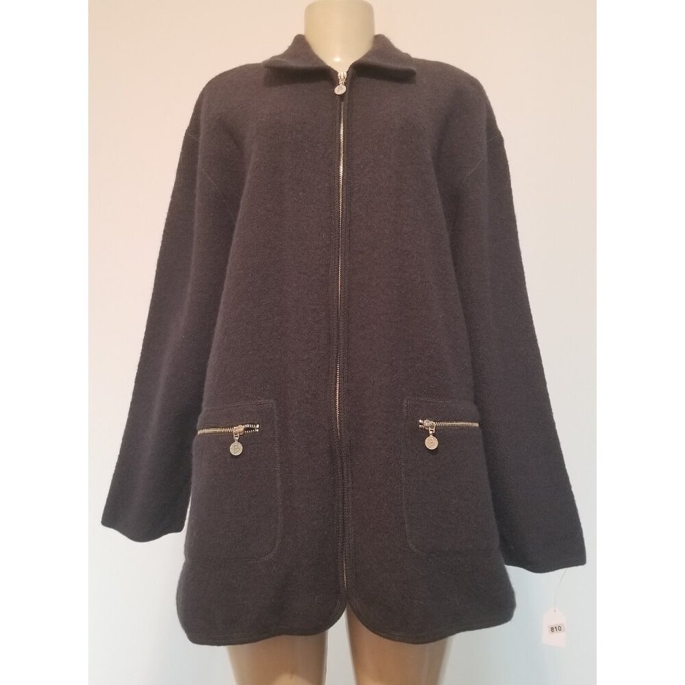 BERNARDO GRAY-GREEN KNIT LONG  CARDIGAN FULL ZIP 100% BOILED WOOL SIZE M #810